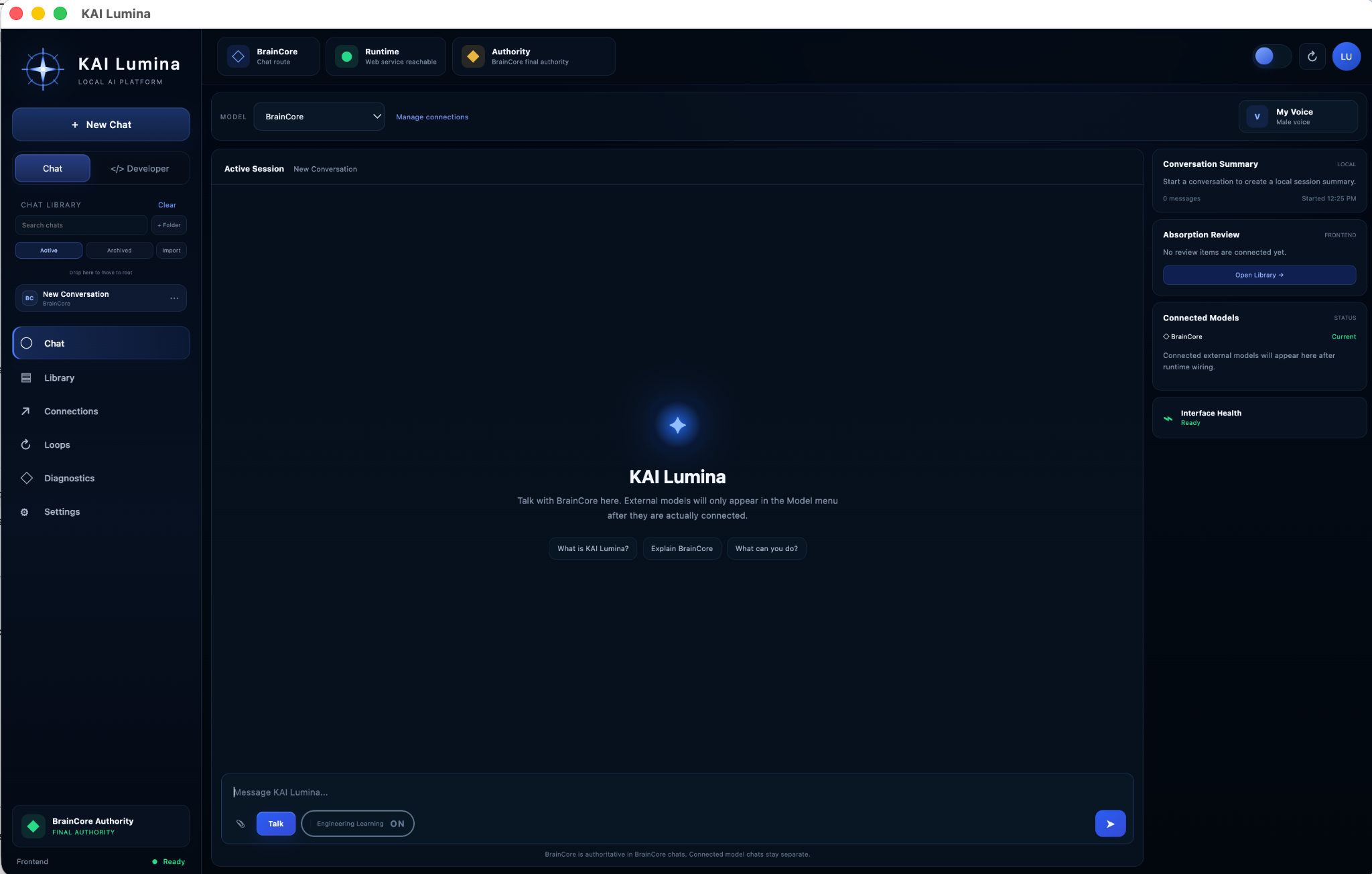 KAI Lumina desktop Chat interface with BrainCore, runtime status, local navigation, and conversation workspace.